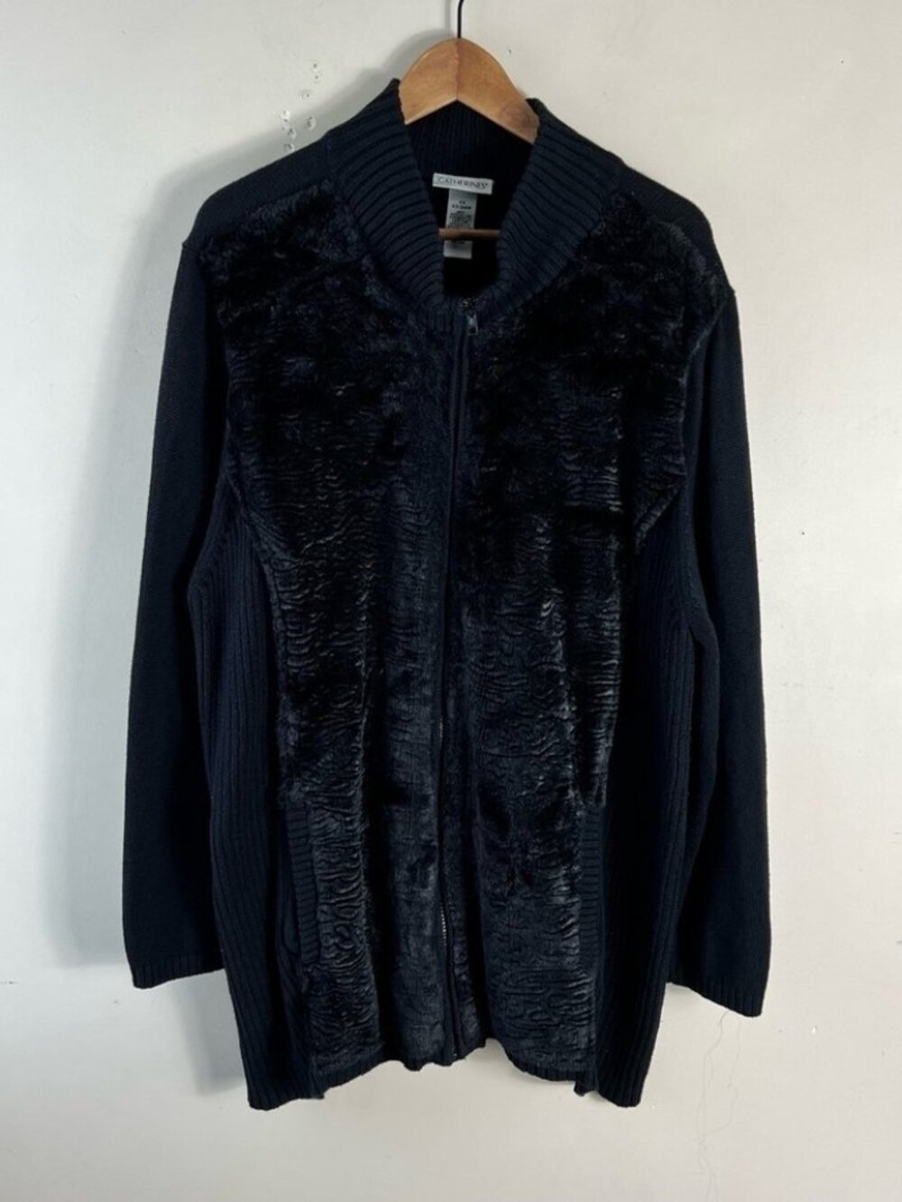 Catherines Black Zipped Faux Fur Front Plush Jacket Cardigan Sweater 2X 22/24